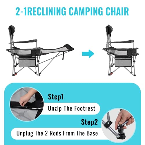 2-in-1 Reclining Camping Chair with Footrest Folding Lounge Chair with Adjustable Backrest U27820