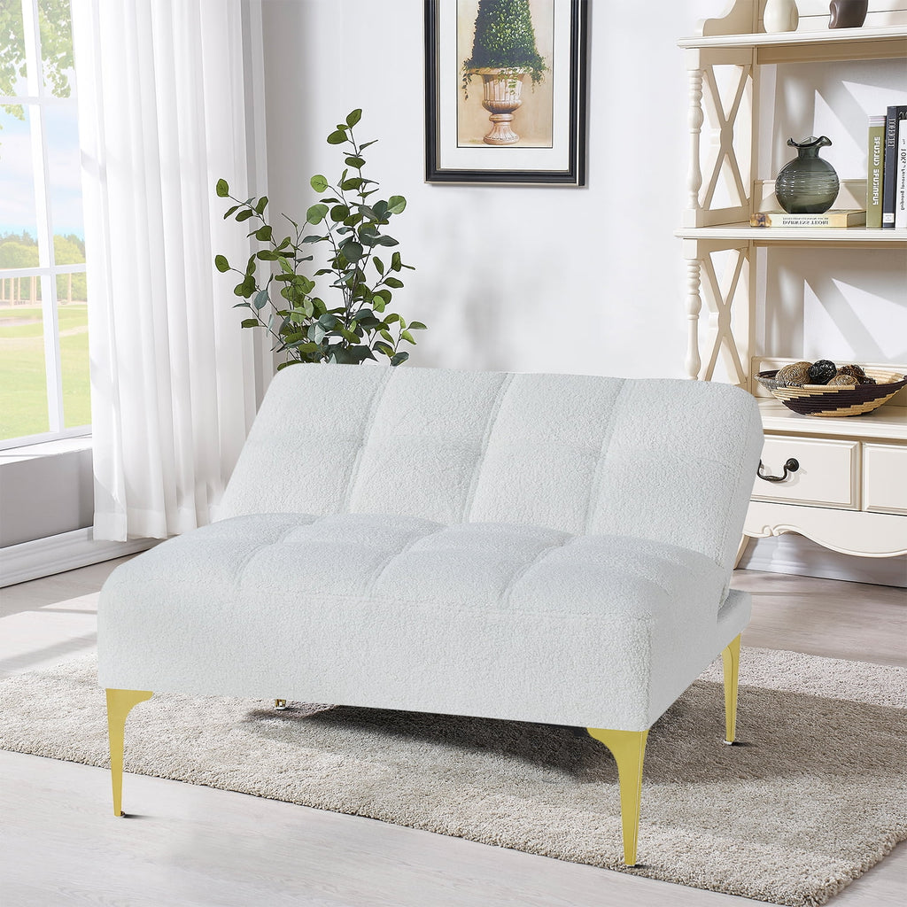 White Teddy Fabric Upholstered Futon Sofa with Pillow and Gold Metal Legs O855141