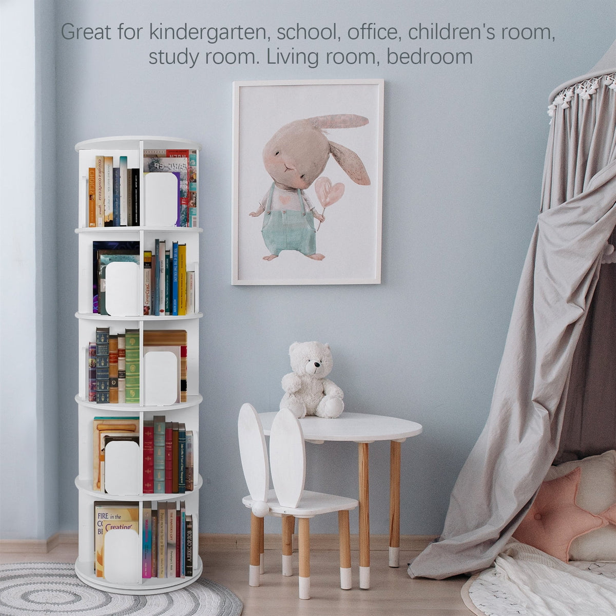 5 Tier 360° Rotating White Wood Bookshelf S385