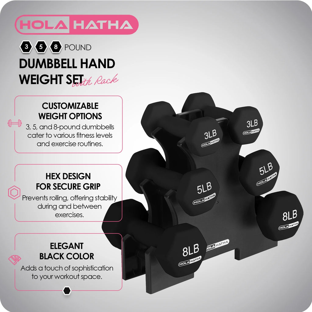 3, 5, and 8 Pound Dumbbell Hand Weight Set with Storage Rack, Black N30019