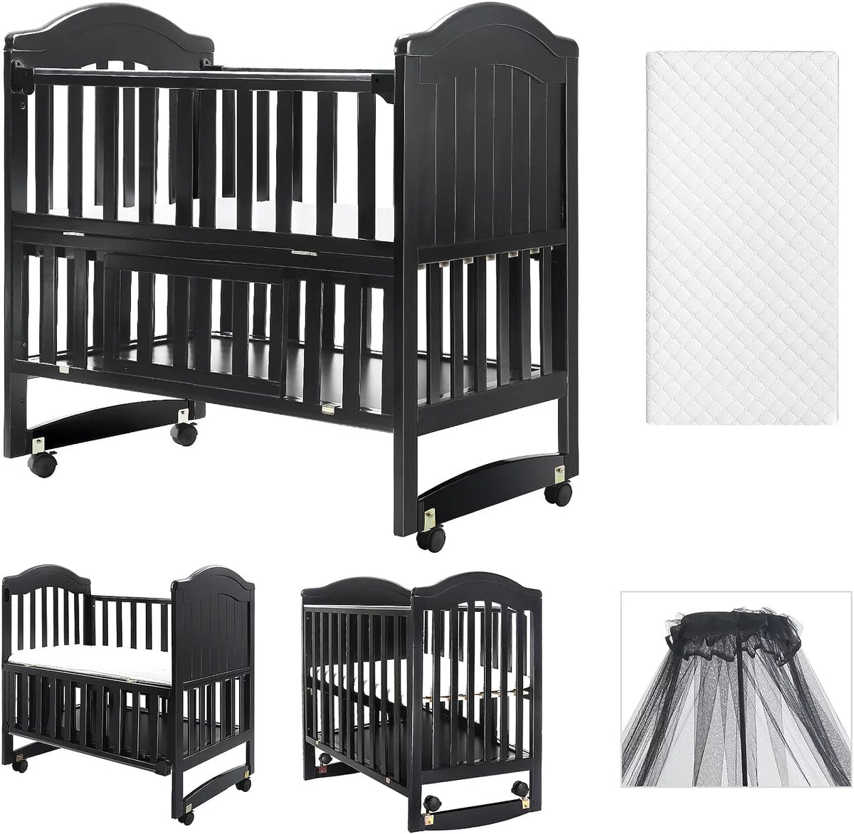 Portable Mini Baby Crib 6-in-1 Convertible Black U96316
