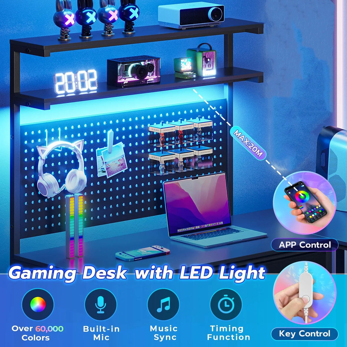 L Shaped Gaming Desk with LED Lights and Hutch Q609