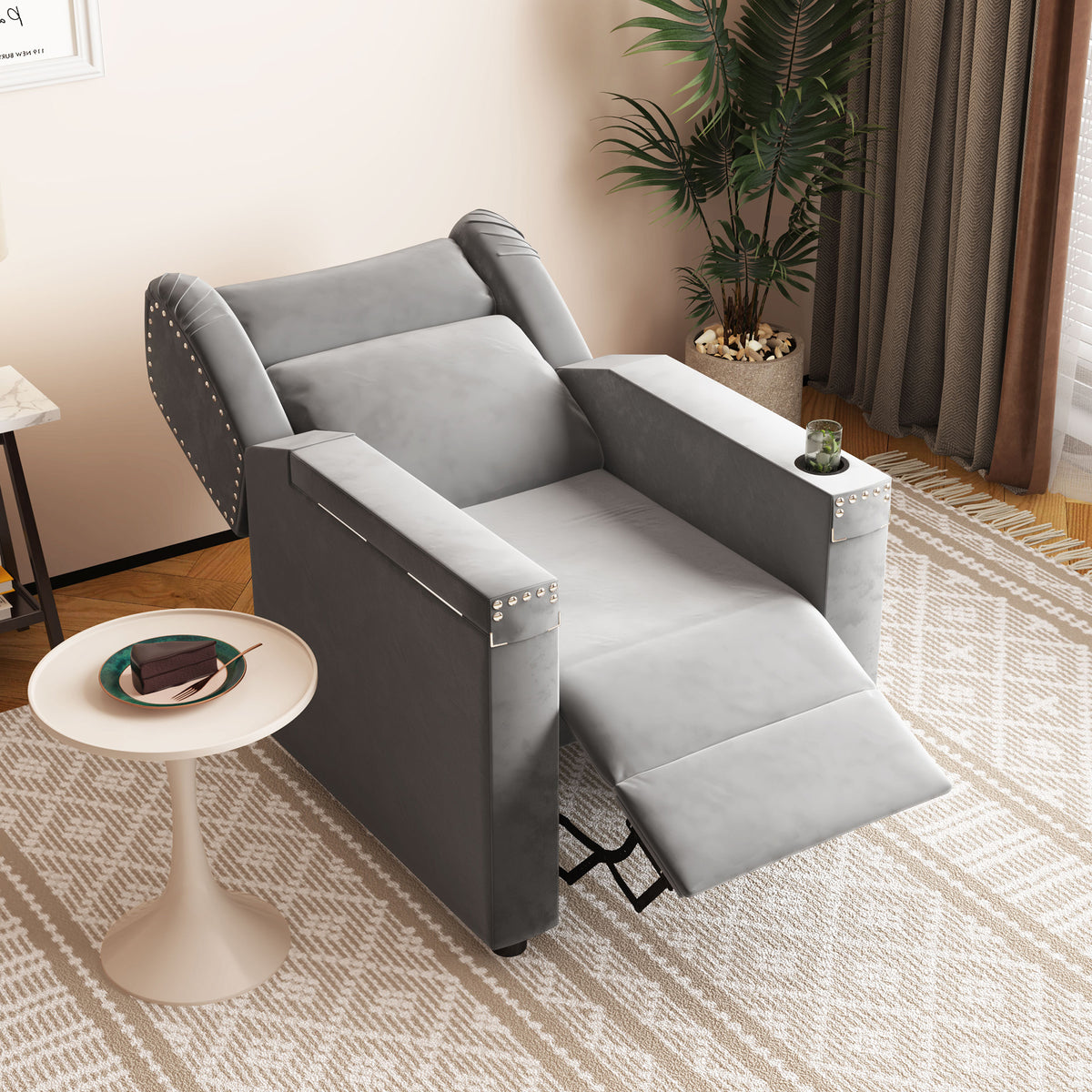 Gray Velvet Recliner Chair with Cup Holder and Table E920796