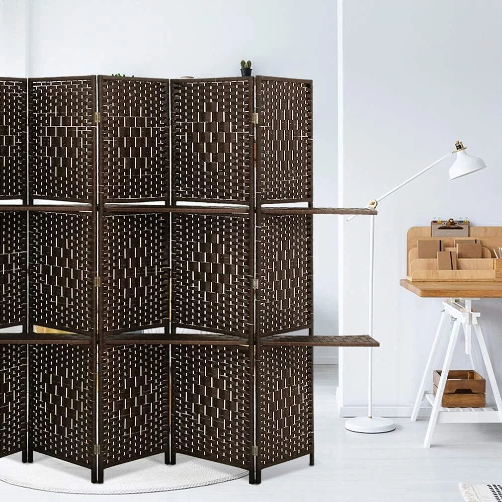 6 Panel Wood Folding Privacy Screen with Storage Shelves, Brown B63005