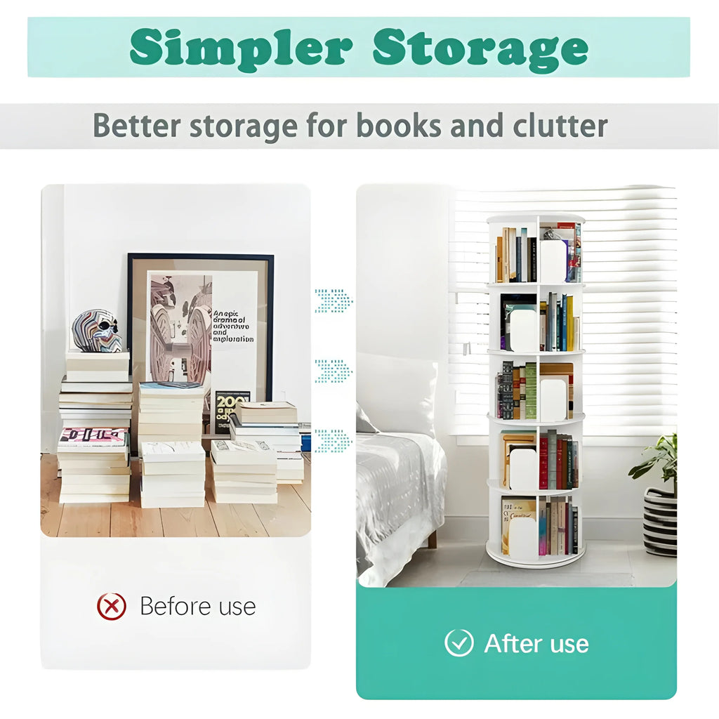 5 Tier 360° Rotating White Wood Bookshelf S385