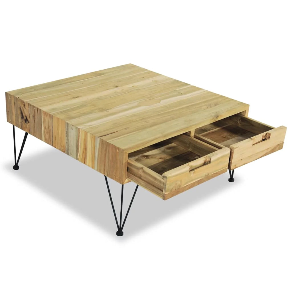 Coffee Table with 2 Storage Drawers Teak Wood Wrought Iron Legs E134083