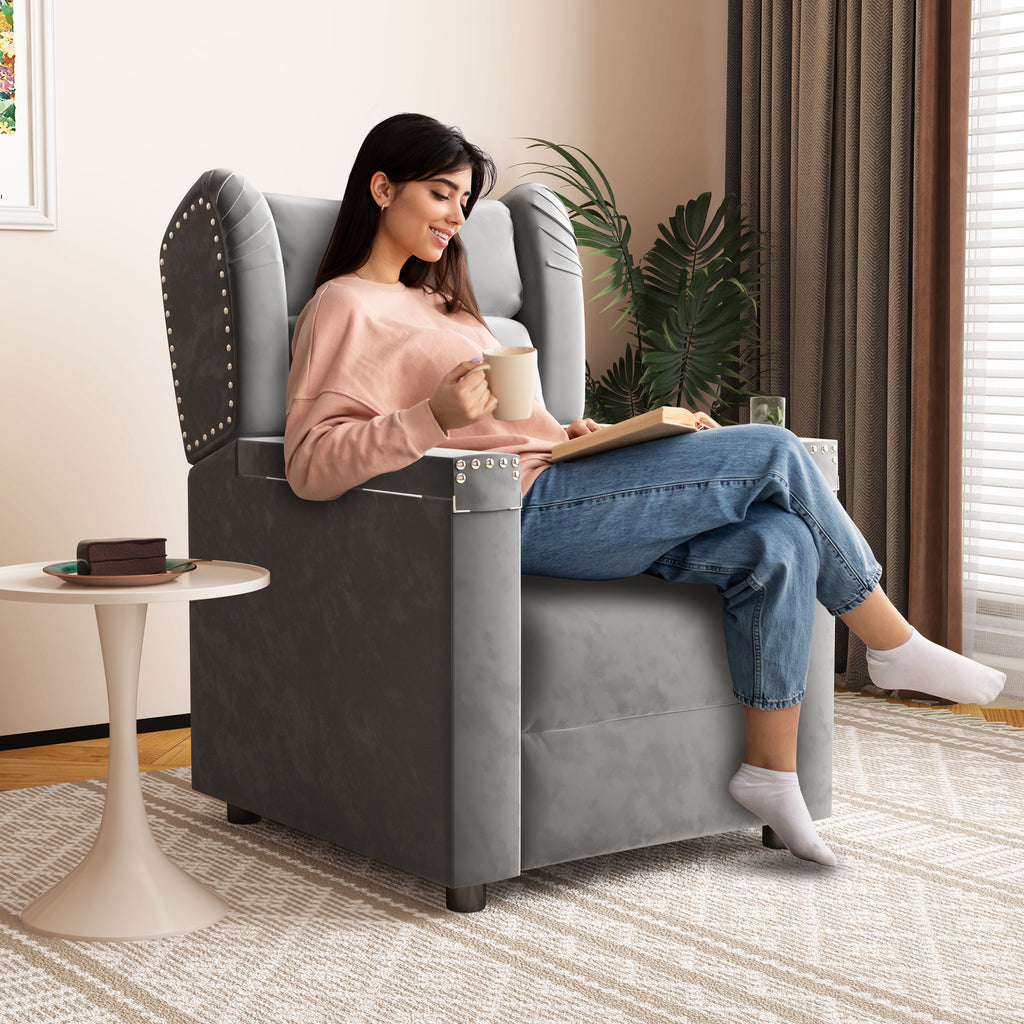 Gray Velvet Recliner Chair with Cup Holder and Table E920796