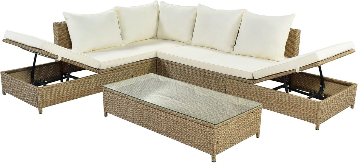 3-Piece PE Rattan Wicker Sectional Sofa Set with Tempered Glass Table E612