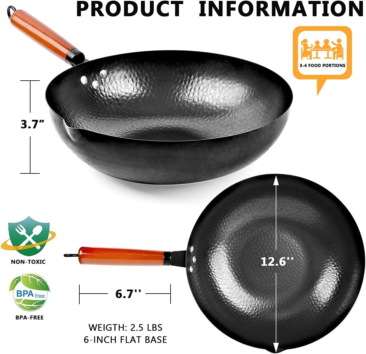 14 Piece Carbon Steel Wok Pan Set with Wooden Lid Z9918
