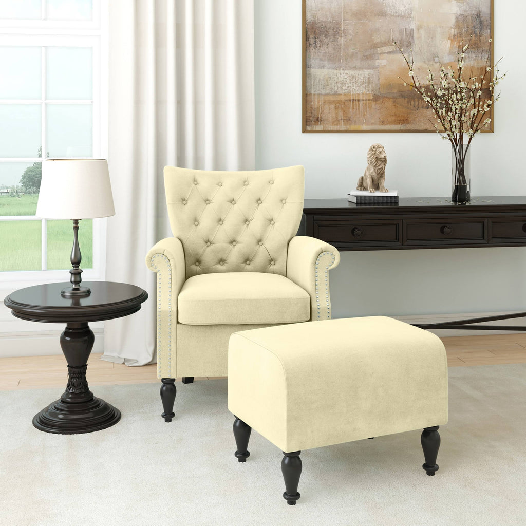 Button-Tufted Rolled Armchair and Ottoman - Ruby Red Z241635
