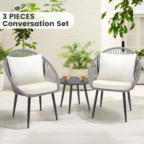 3 Piece Woven Rope Bistro Set with Cushions and Side Table G311991