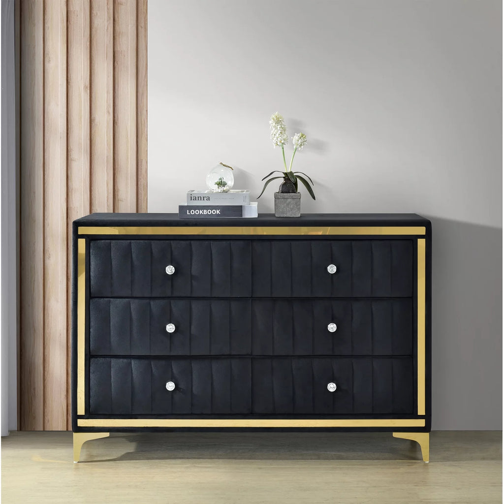 Velvet 6 Drawer Dresser with Gold Legs and Trim Q26144
