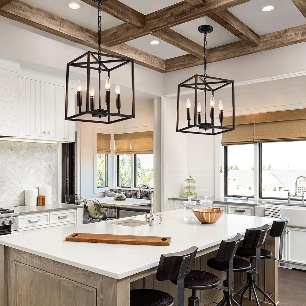 Matte Black 4-Light Metal Cage Pendant Light Chandelier N9523