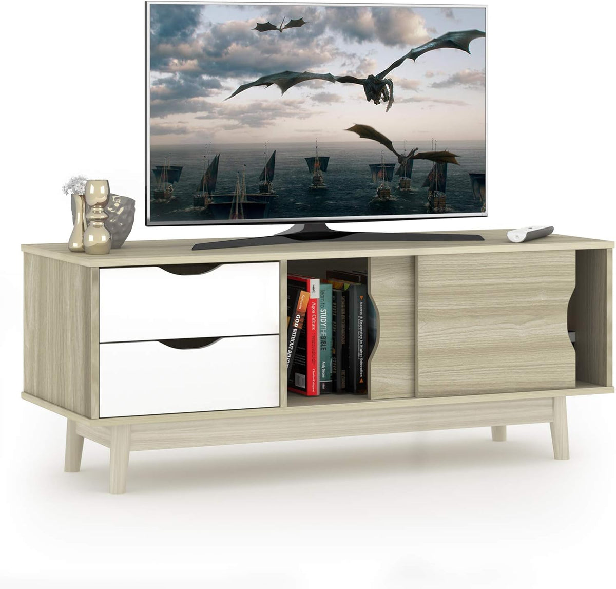 Oak Wood TV Stand with 2 Drawers and 2 Sliding Doors D661534