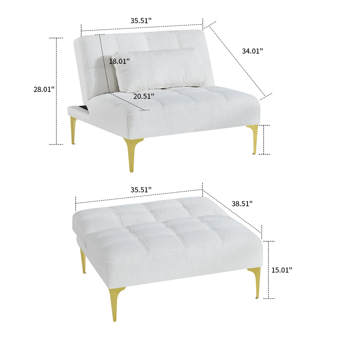 White Teddy Fabric Upholstered Futon Sofa with Pillow and Gold Metal Legs O855141