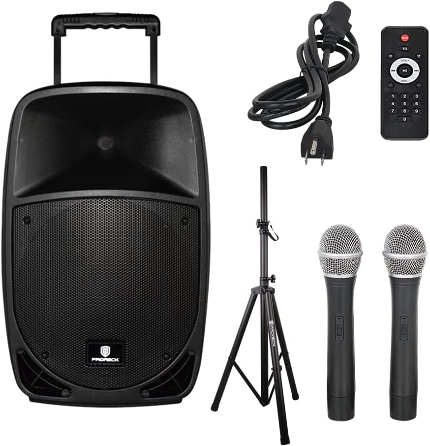 Portable 15-Inch 800 Watt 2-Way Rechargeable Powered PA Speaker with Bluetooth and Wireless Microphones D633853