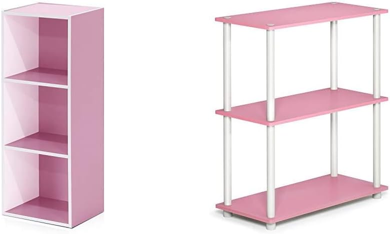 3-Tier Open Shelf Bookcase, White/Pink & 3-Tier Display Rack, Pink/White Y145815