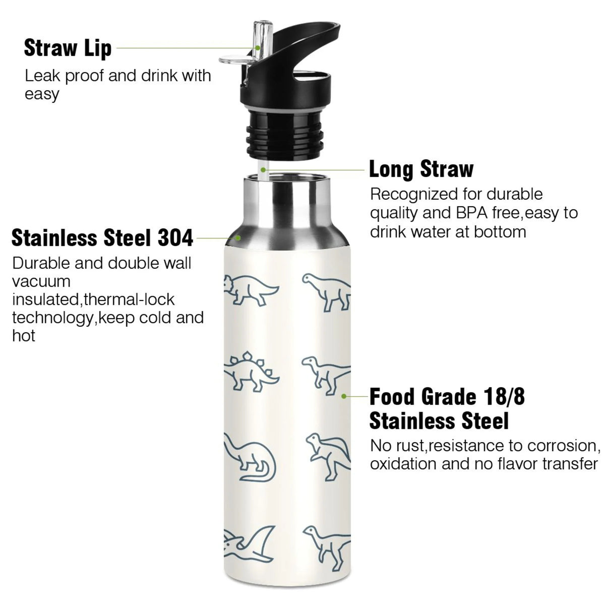 Stainless Steel Water Bottle with Straw Lid Vacuum Insulated Leak Proof Flask 20 OZ V305
