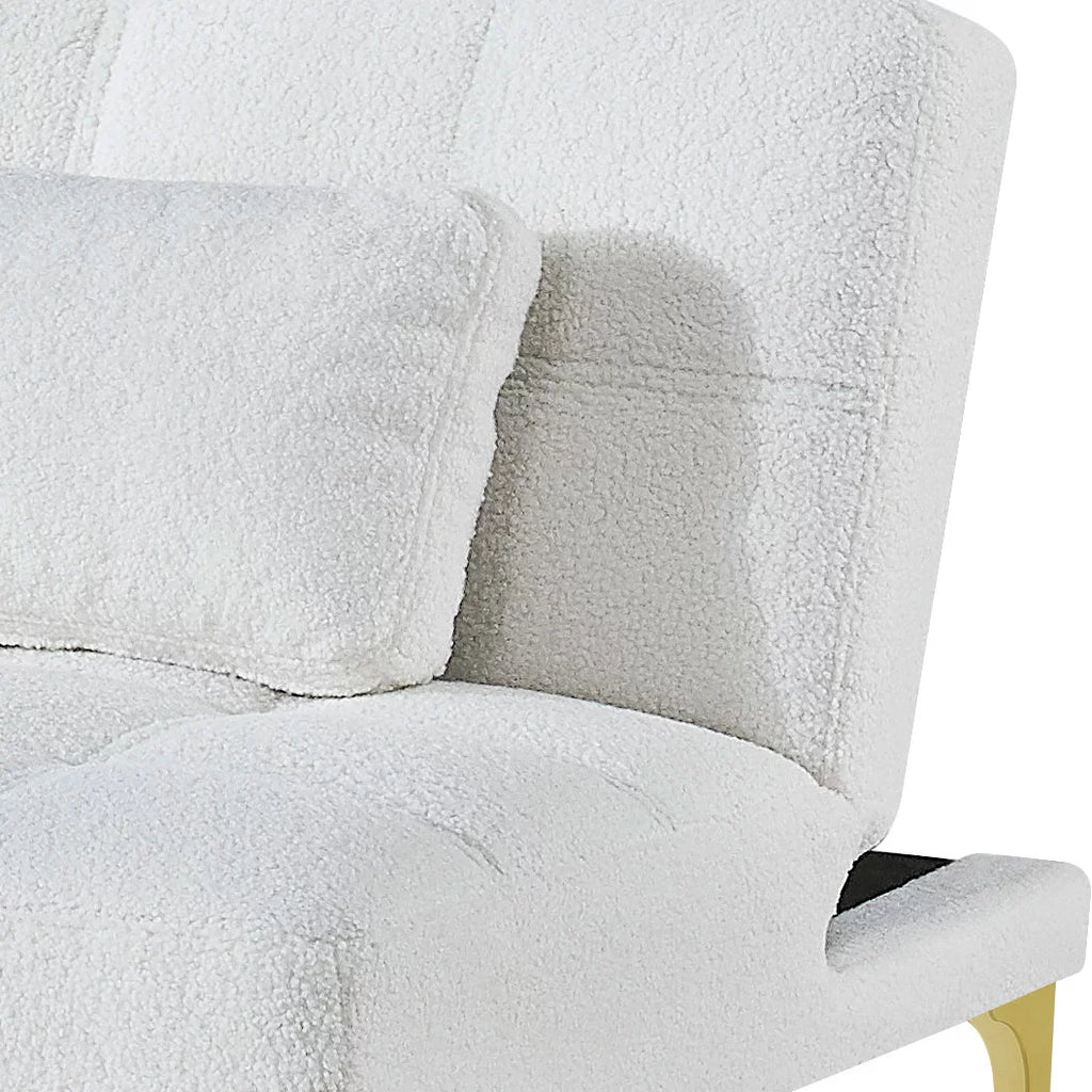 White Teddy Fabric Upholstered Futon Sofa with Pillow and Gold Metal Legs O855141