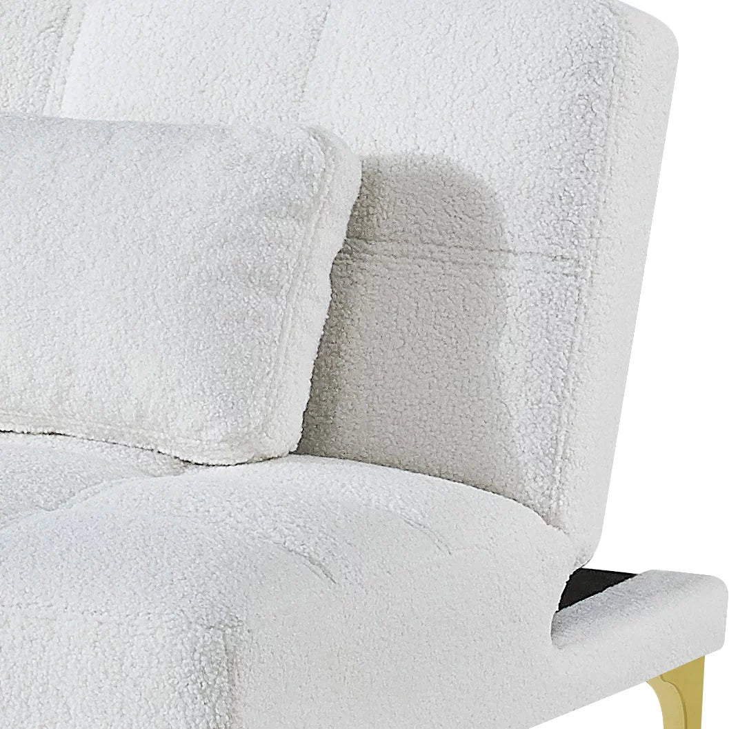 White Teddy Fabric Upholstered Futon Sofa with Pillow and Gold Metal Legs O855141