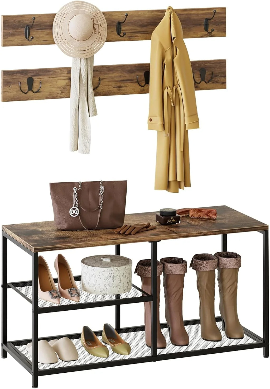 Rustic Brown Coat Shoe Rack Bench Set E46349