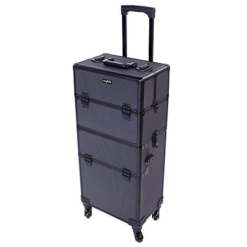 2 in 1 Rolling Makeup Train Case, Travel Makeup Organizer Cosmetic Display Case, Aluminum Cosmetology Supply Suitcase on Wheels, Beauty Storage Luggage Lockable w/4 Removable Wheels (Black) Z1175
