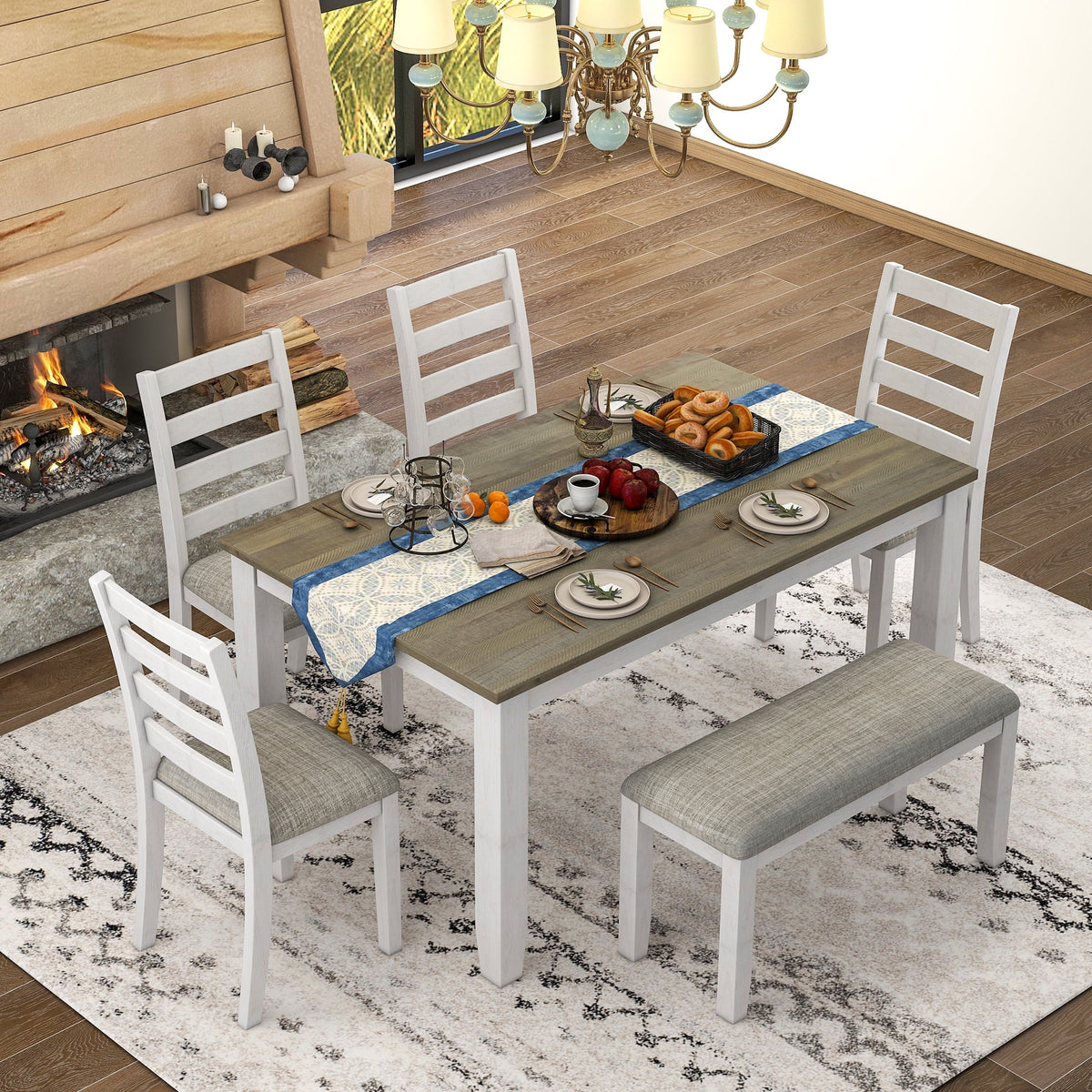 6 Pieces Wooden Dining Table Set with 4 Upholstered Chairs and Bench C989