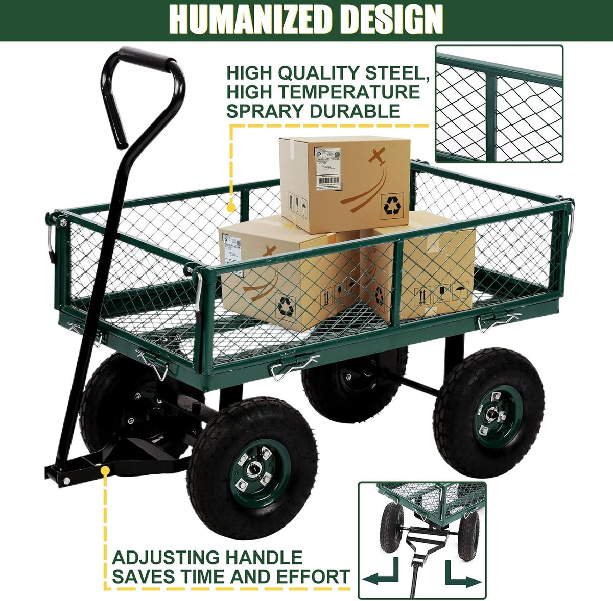 Heavy Duty Steel Utility Cart with Removable Sides and 10 Inch Wheels, Green W37086