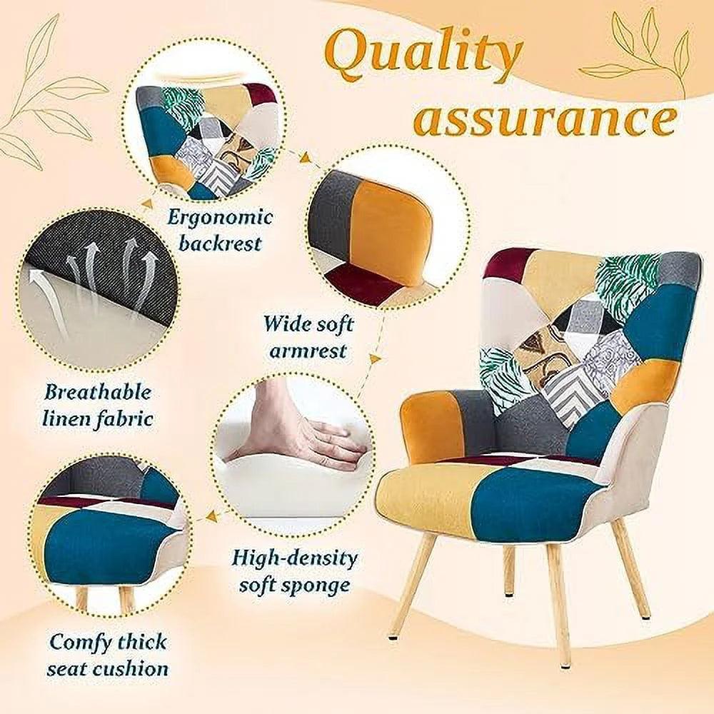 High Back Accent Chair with Linen Fabric and Wood Feet M955353