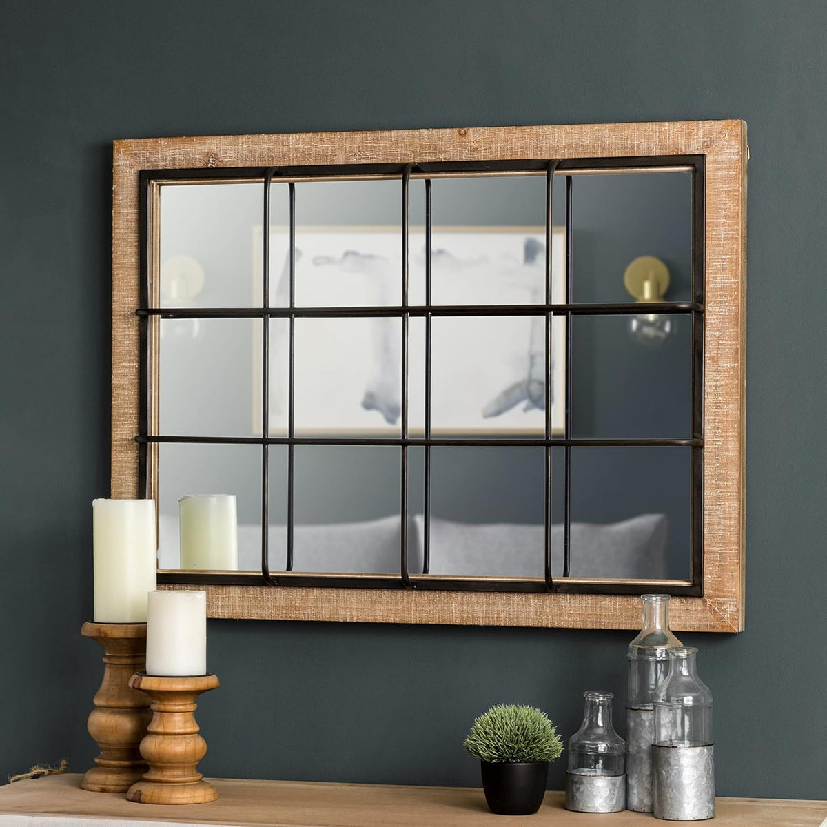 Windowpane Wall Mirror 24'' x 32'' Rectangle Wood Metal Frame J684661