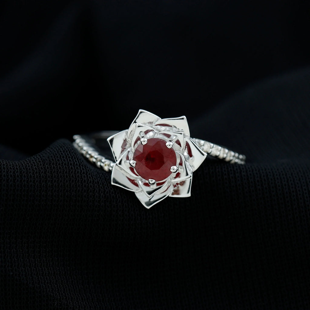 Natural Ruby Rose Floral Ring with Diamond - 1 CT, 925 Sterling Silver, US 4.00 L4308