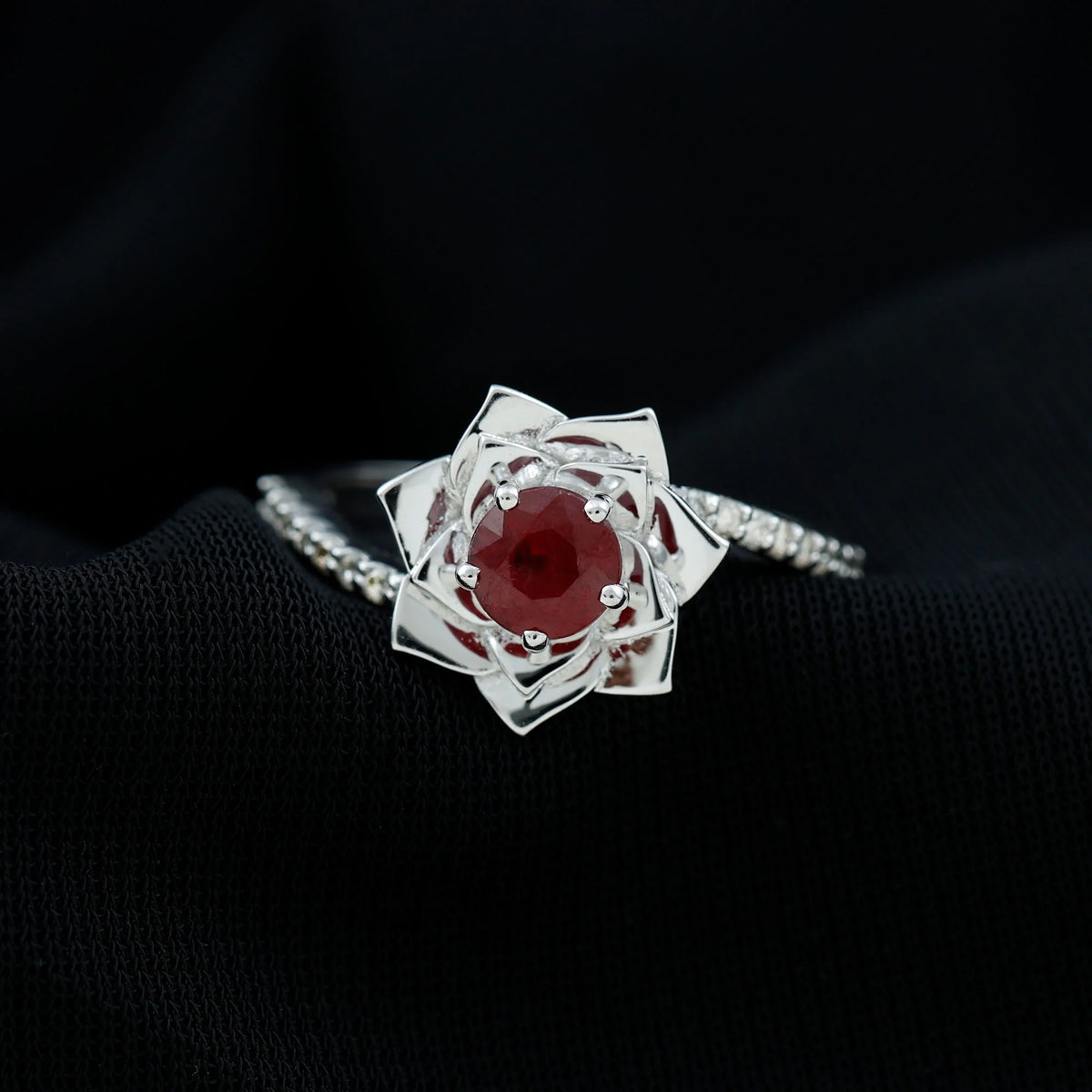 Natural Ruby Rose Floral Ring with Diamond - 1 CT, 925 Sterling Silver, US 4.00 L4308