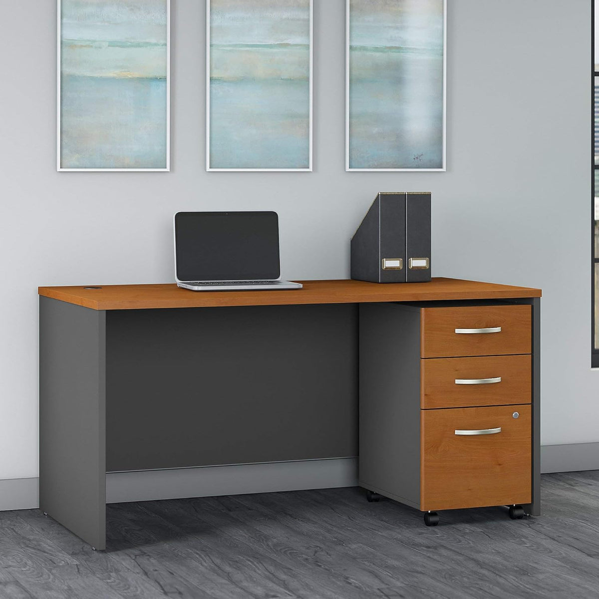 Office Desk with 3 Drawer Mobile File Cabinet, 60W x 30D, Natural Cherry O62904