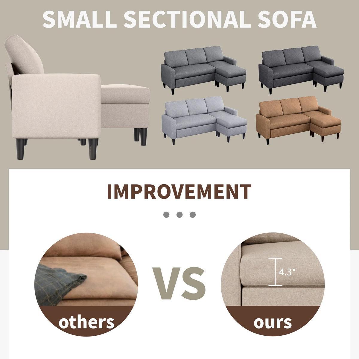 Convertible Sectional Sofa L-Shaped 3-Seat Couch with Reversible Chaise S57058