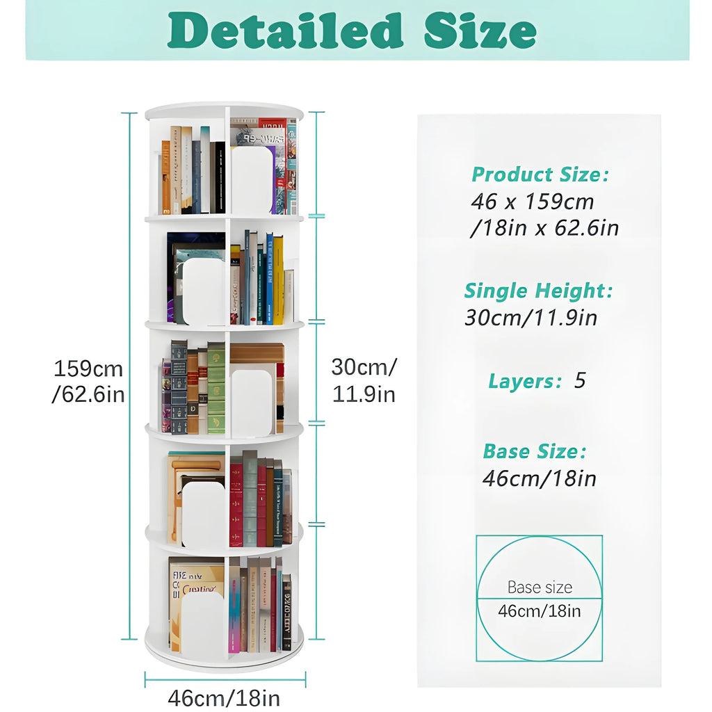 5 Tier 360° Rotating White Wood Bookshelf S385