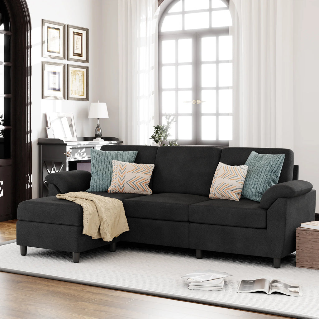 79" Convertible Sectional Sofa Couch, Linen Fabric L Shaped Sofa with Removable Pillows Black Q217782