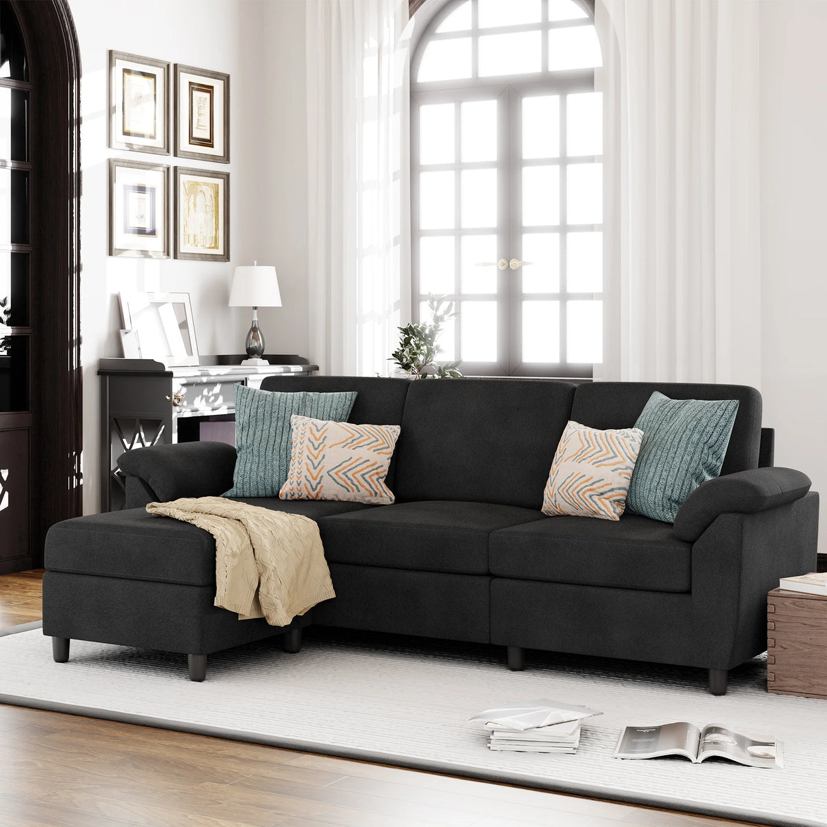 79" Convertible Sectional Sofa Couch, Linen Fabric L Shaped Sofa with Removable Pillows Black Q217782
