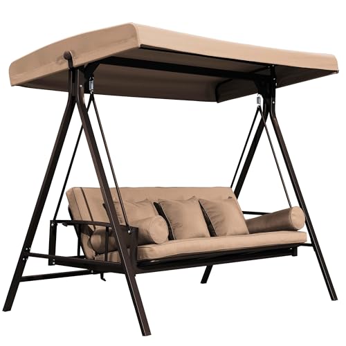 Outdoor Patio Porch Swing with Adjustable PVC Canopy, 3-seat Swing Chair Bench with Side Cup Holder, Cushions and Pillow Included, Grey E823