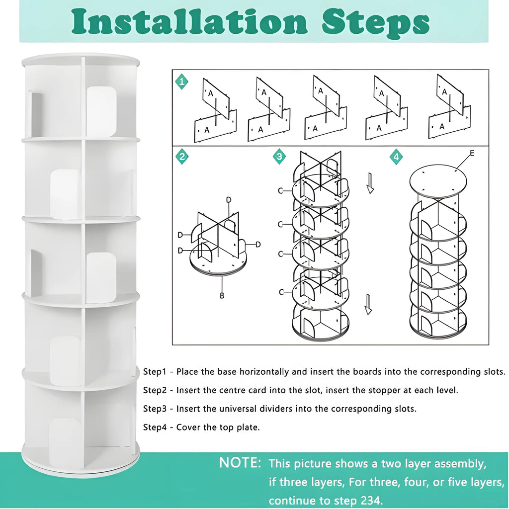 5 Tier 360° Rotating White Wood Bookshelf S385