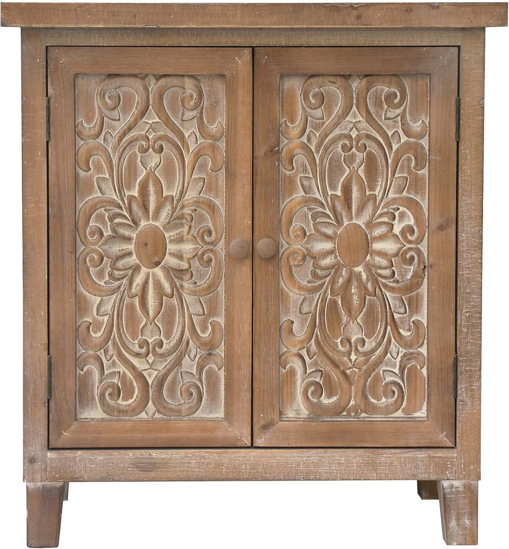 Rustic Solid Wood Storage Cabinet with Carved Doors A61700