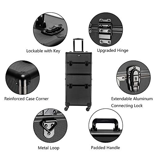 2 in 1 Rolling Makeup Train Case, Travel Makeup Organizer Cosmetic Display Case, Aluminum Cosmetology Supply Suitcase on Wheels, Beauty Storage Luggage Lockable w/4 Removable Wheels (Black) Z1175