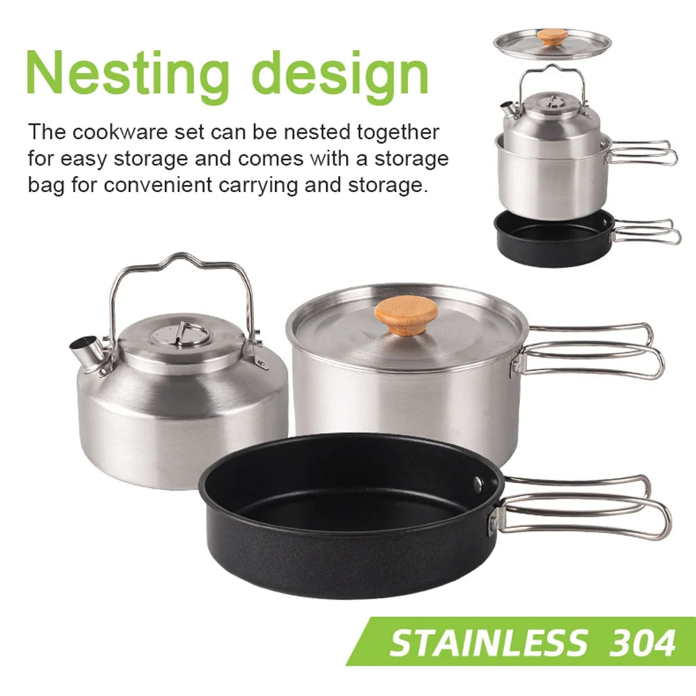 Stainless Steel Camping Cookware Set with Pot Frying Pan Kettle X22496