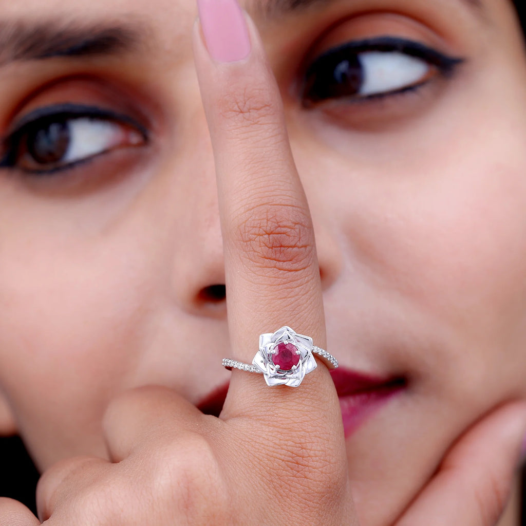Natural Ruby Rose Floral Ring with Diamond - 1 CT, 925 Sterling Silver, US 4.00 L4308