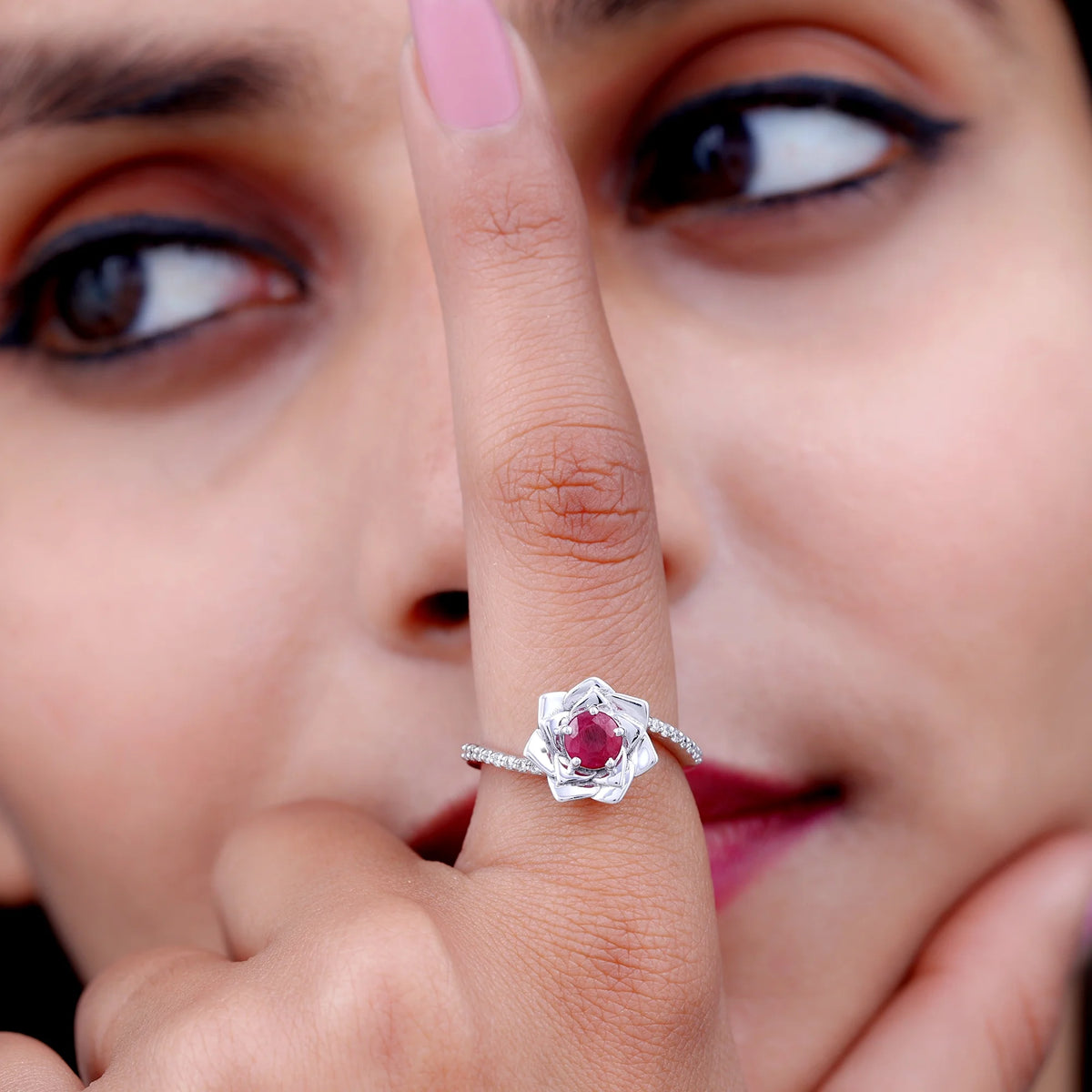 Natural Ruby Rose Floral Ring with Diamond - 1 CT, 925 Sterling Silver, US 4.00 L4308