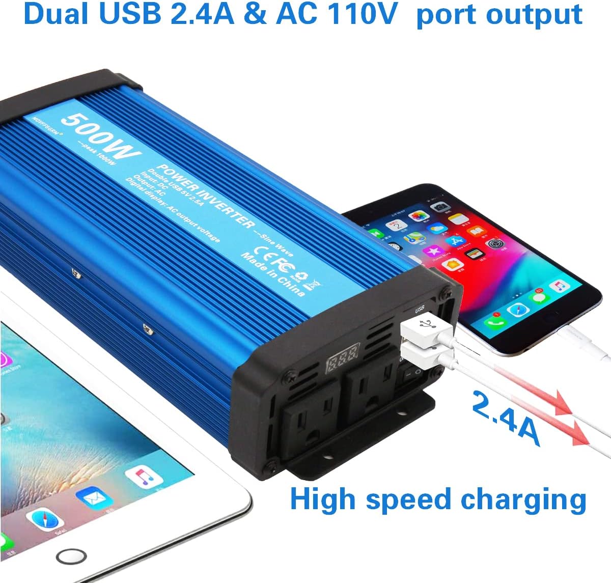 500W Pure Sine Wave Power Inverter DC 12V to 110V AC with 2.4A USB Car Charger Adapter E478