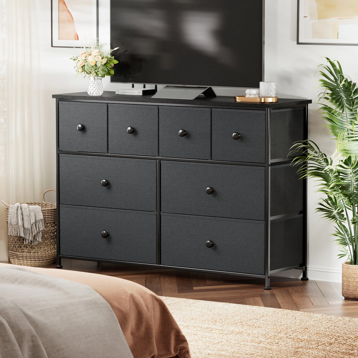 8 Drawer Fabric Dresser with Steel Frame and Wooden Top B51876