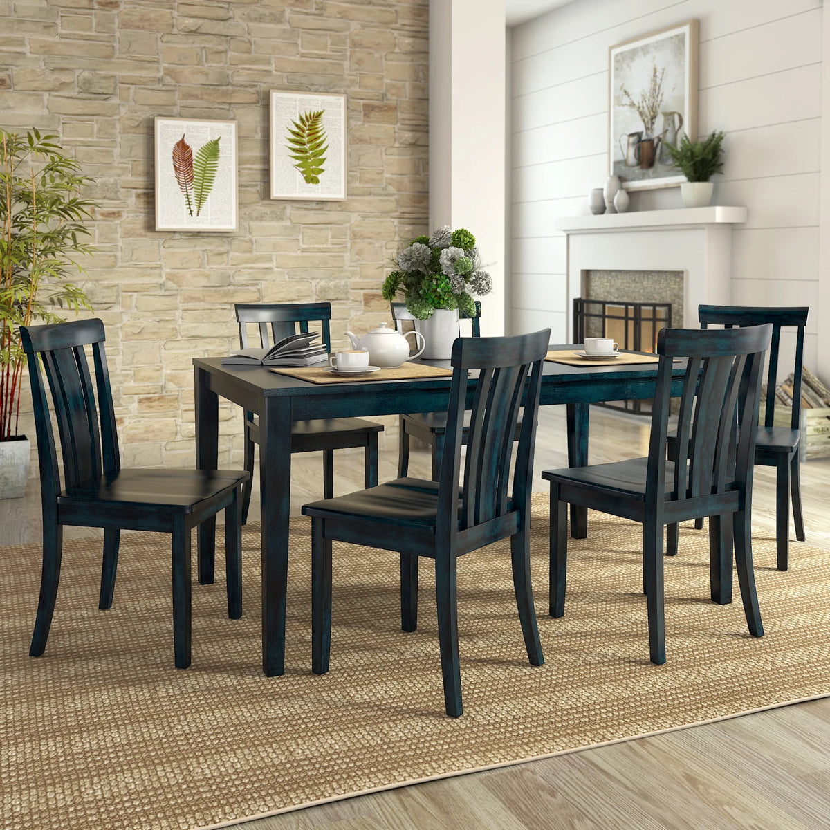 Large Wood Dining Set with 6 Slat Back Chairs G396801