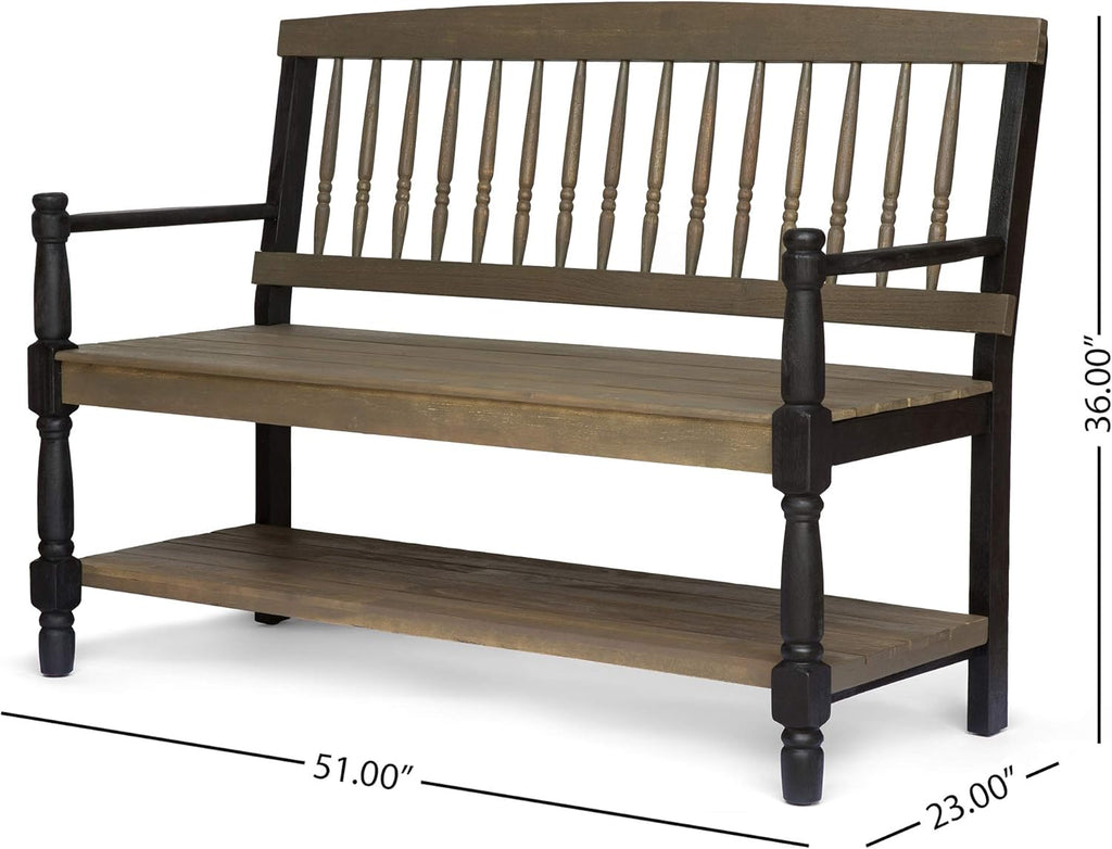 Gray and Black Acacia Wood Bench with Shelf T631201