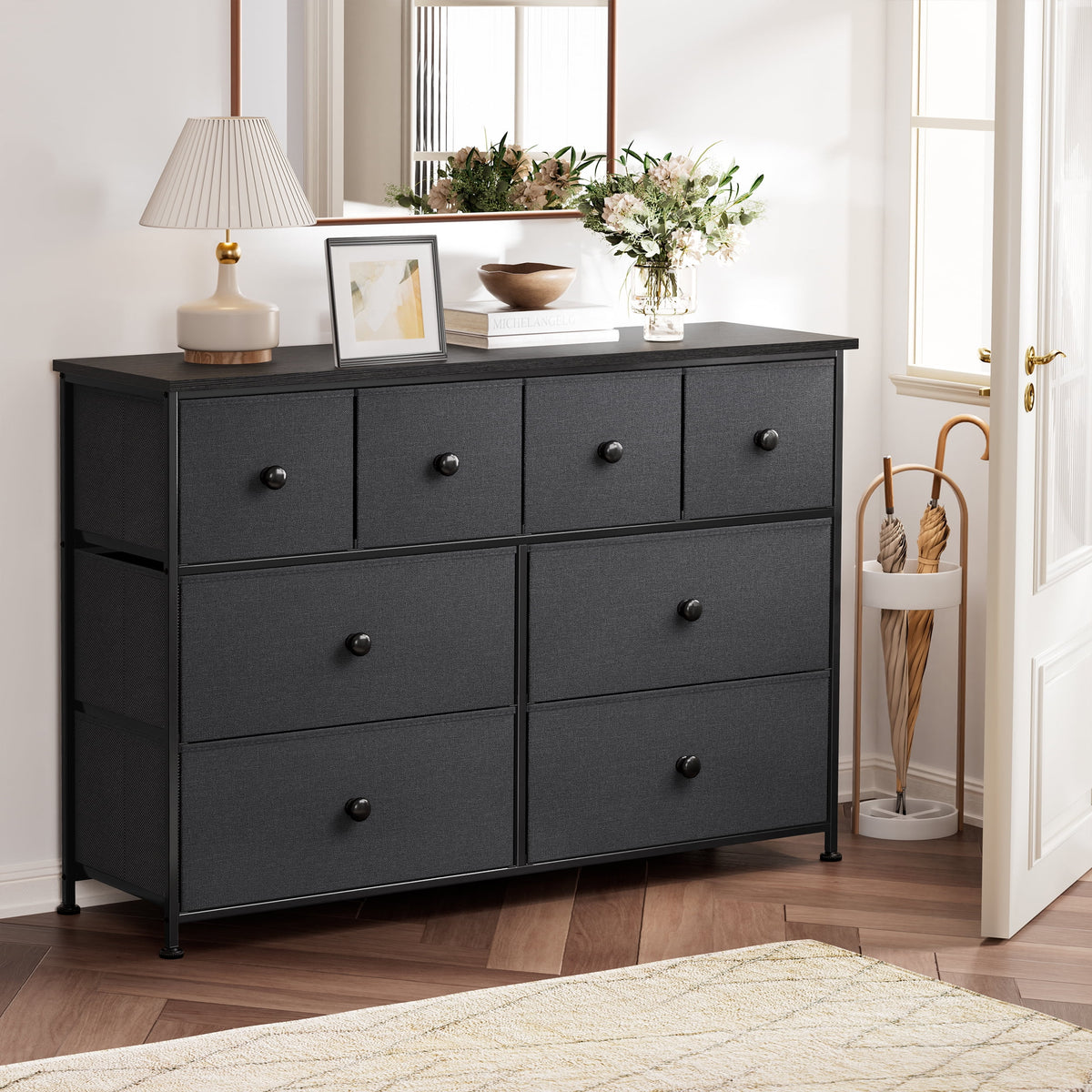 8 Drawer Fabric Dresser with Steel Frame and Wooden Top B51876