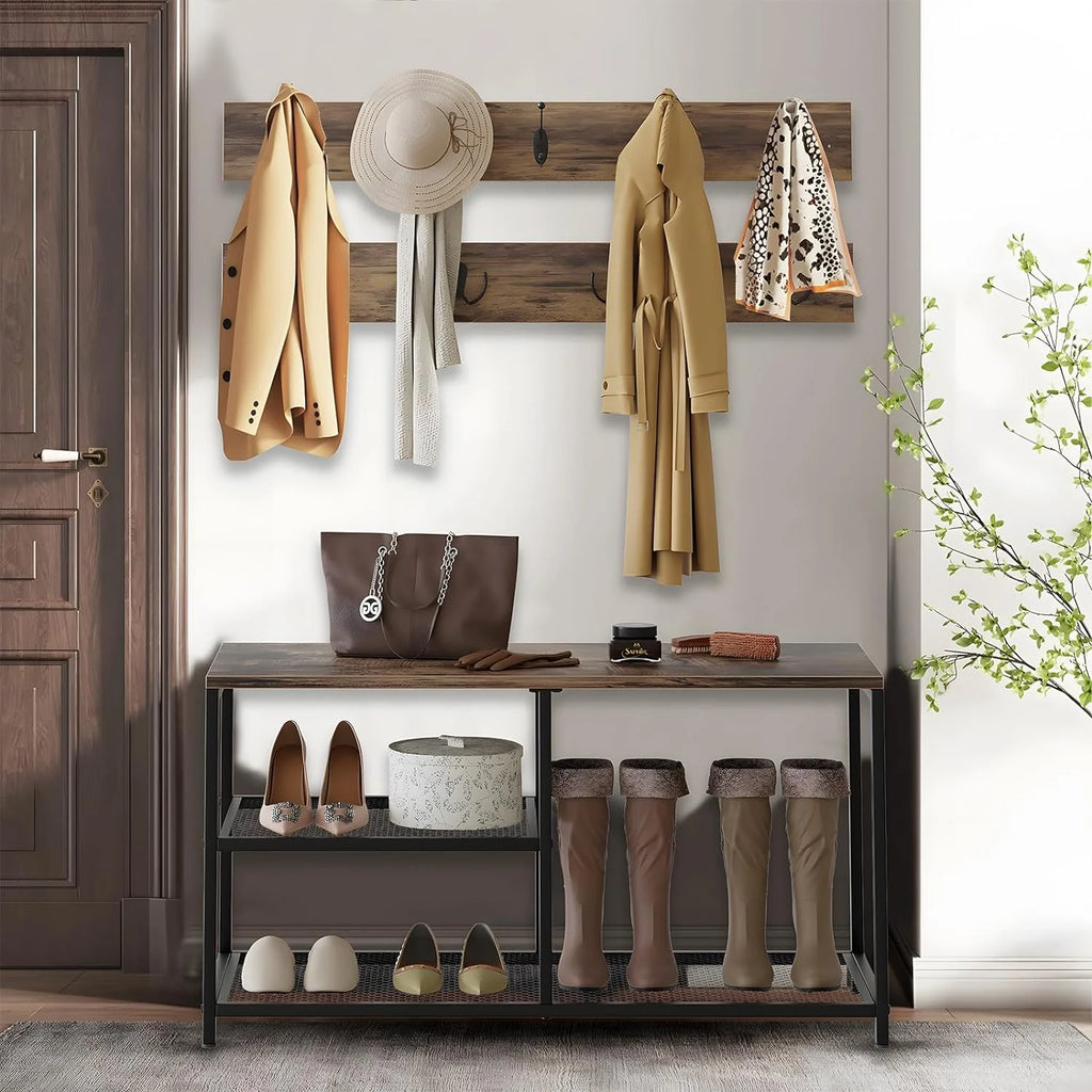 Rustic Brown Coat Shoe Rack Bench Set E46349